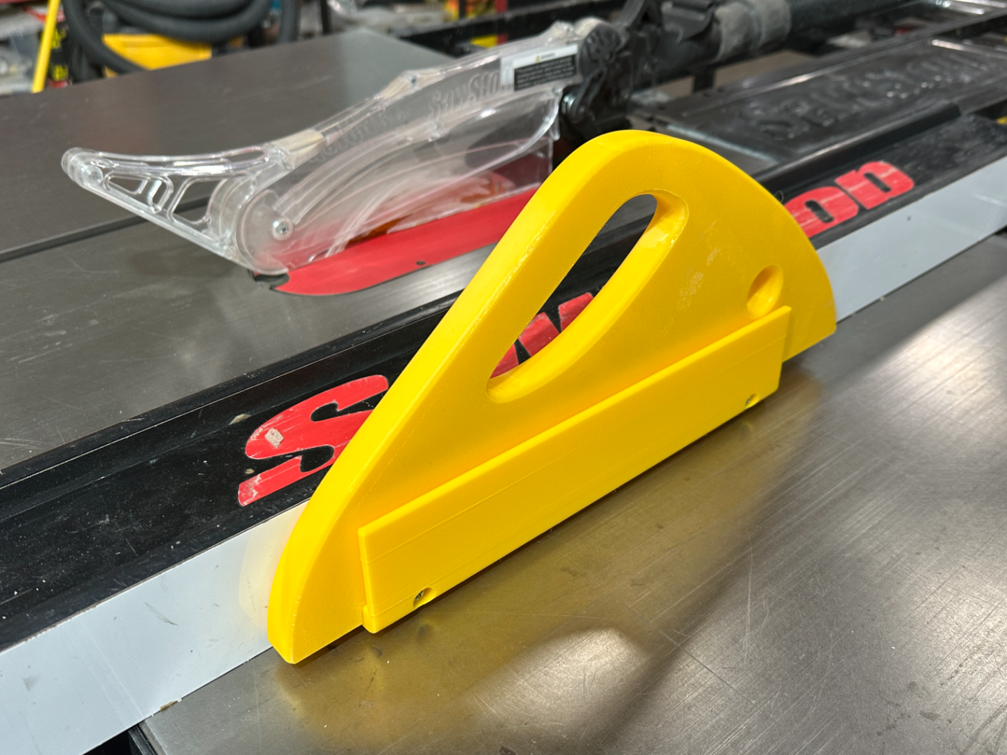 Table saw push stick, with fence mount