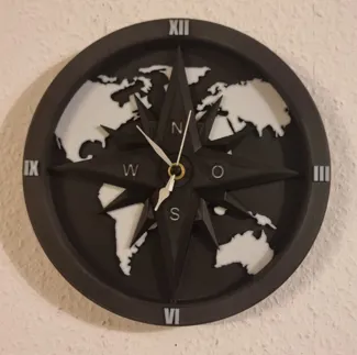 Wanduhr mit 4 Himmelsrichtungen und Weltkarte 