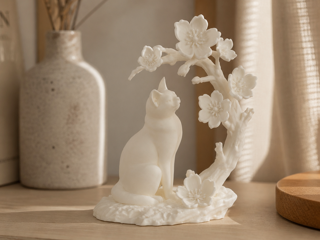 Cherry Blossom Cat Sculpture with Floral Decor
