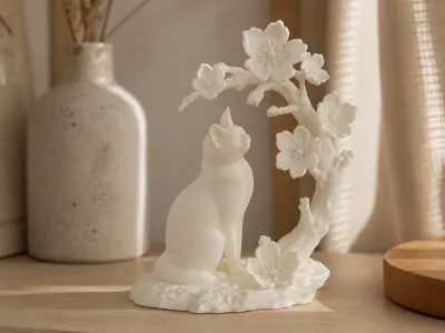 Cherry Blossom Cat Sculpture with Floral Decor