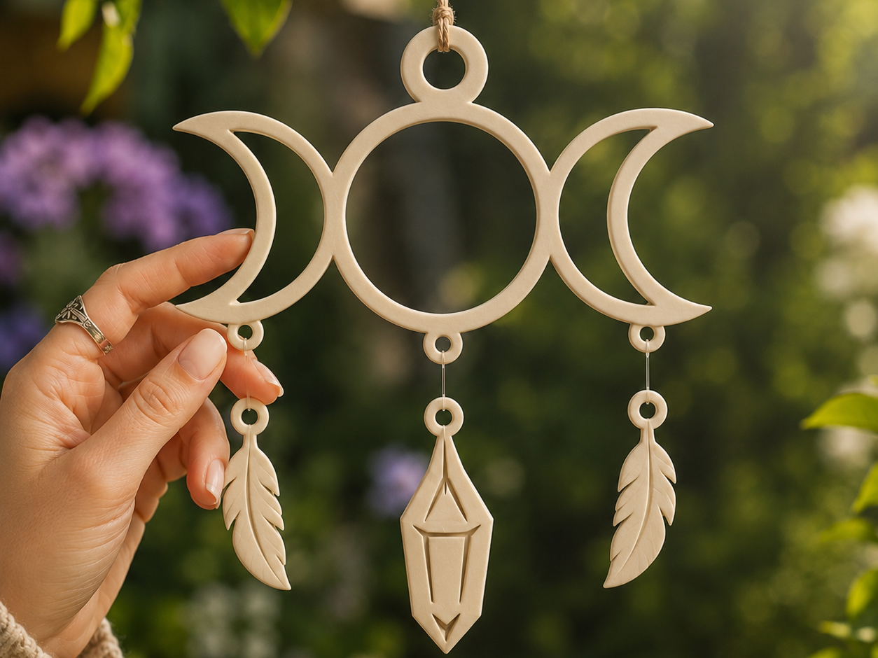 Triple Moon Dreamcatcher with Crystal and Feathers