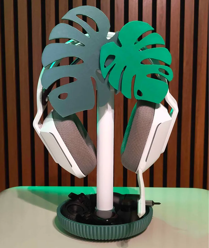 Cute Headphone Stand with Bowl - Monstera Design