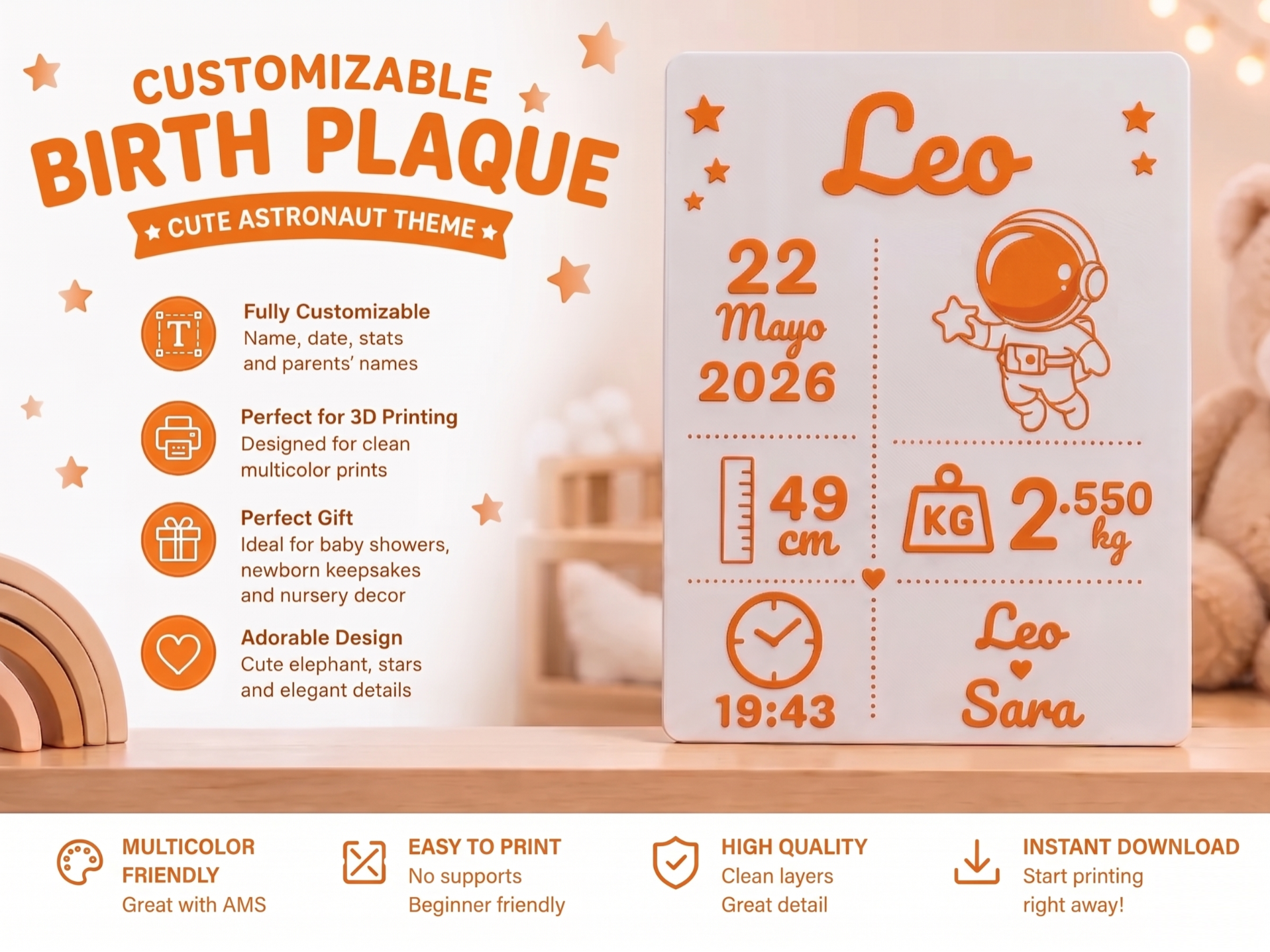 Customizable Birth Plaque – Cute Astronaut Theme