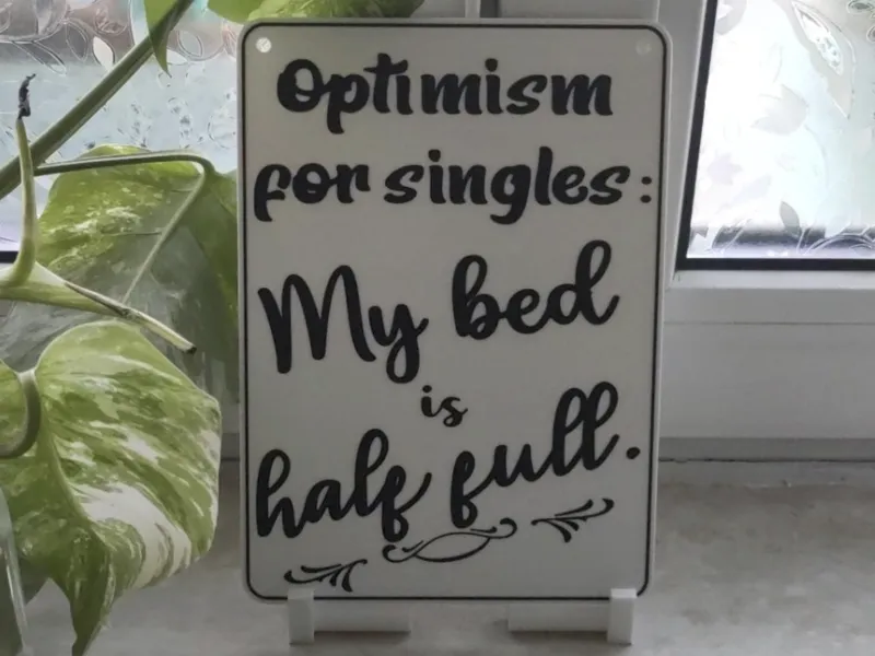 Sign 'Optimism for singles, my bed is half full'