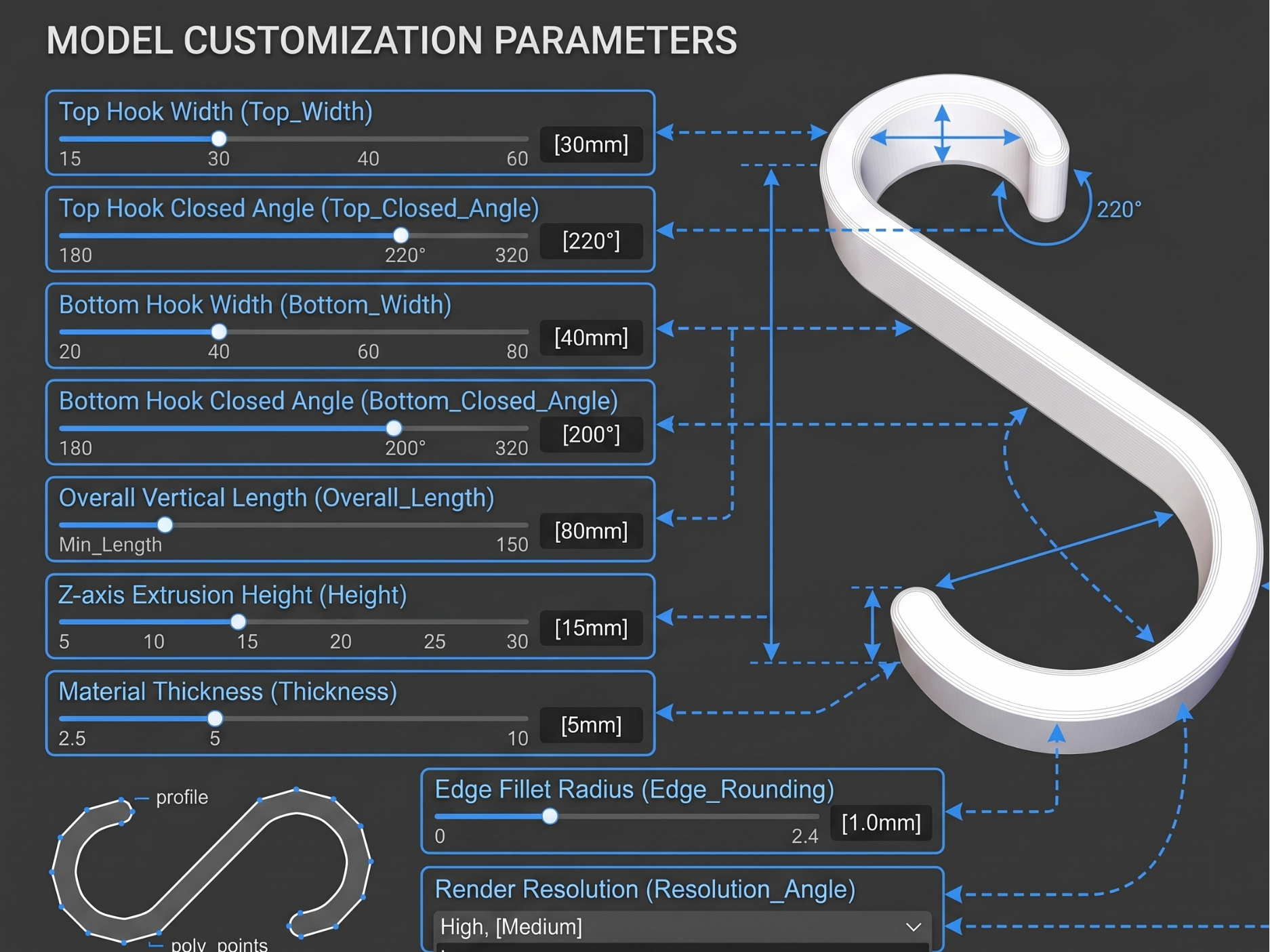 Fully Parametric Universal "S" Hook Generator