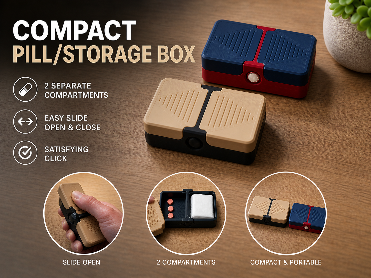 Compact Pill Box with 2 Compartments | Slide Open 