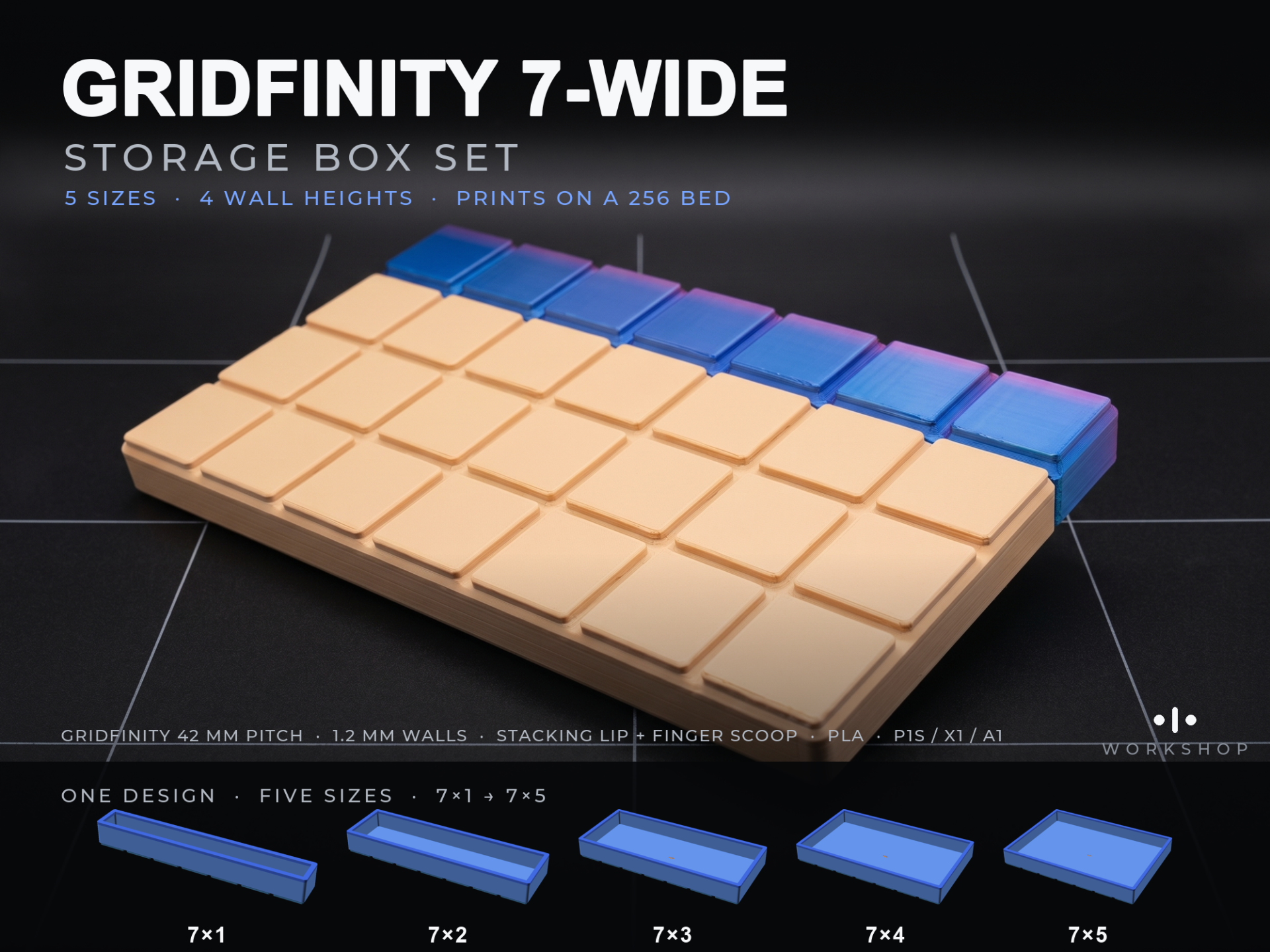 Gridfinity 7-Wide Storage Box Set - 7x1 to 7x5