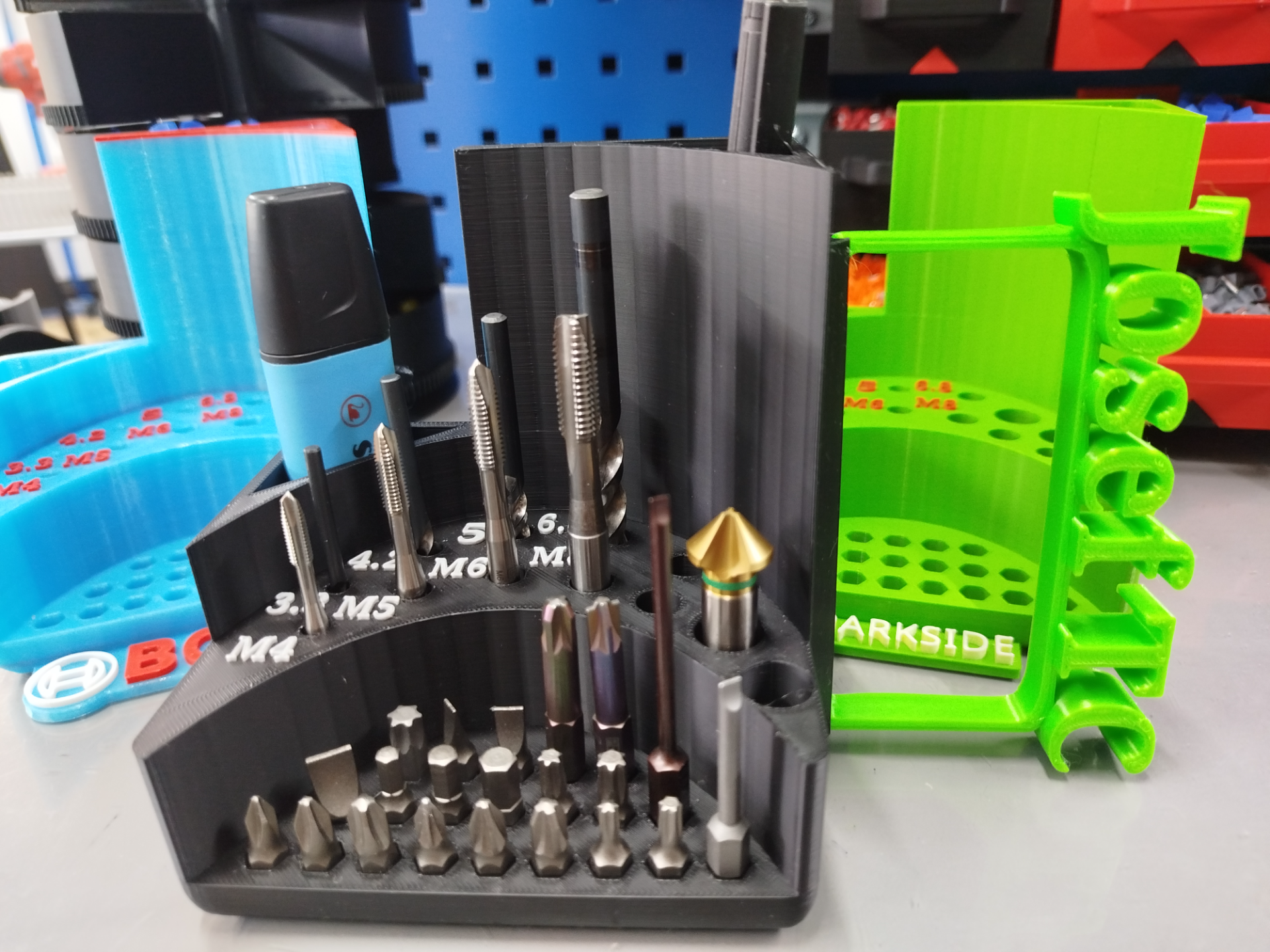 Organizer for drills, taps, pencils, and bits.