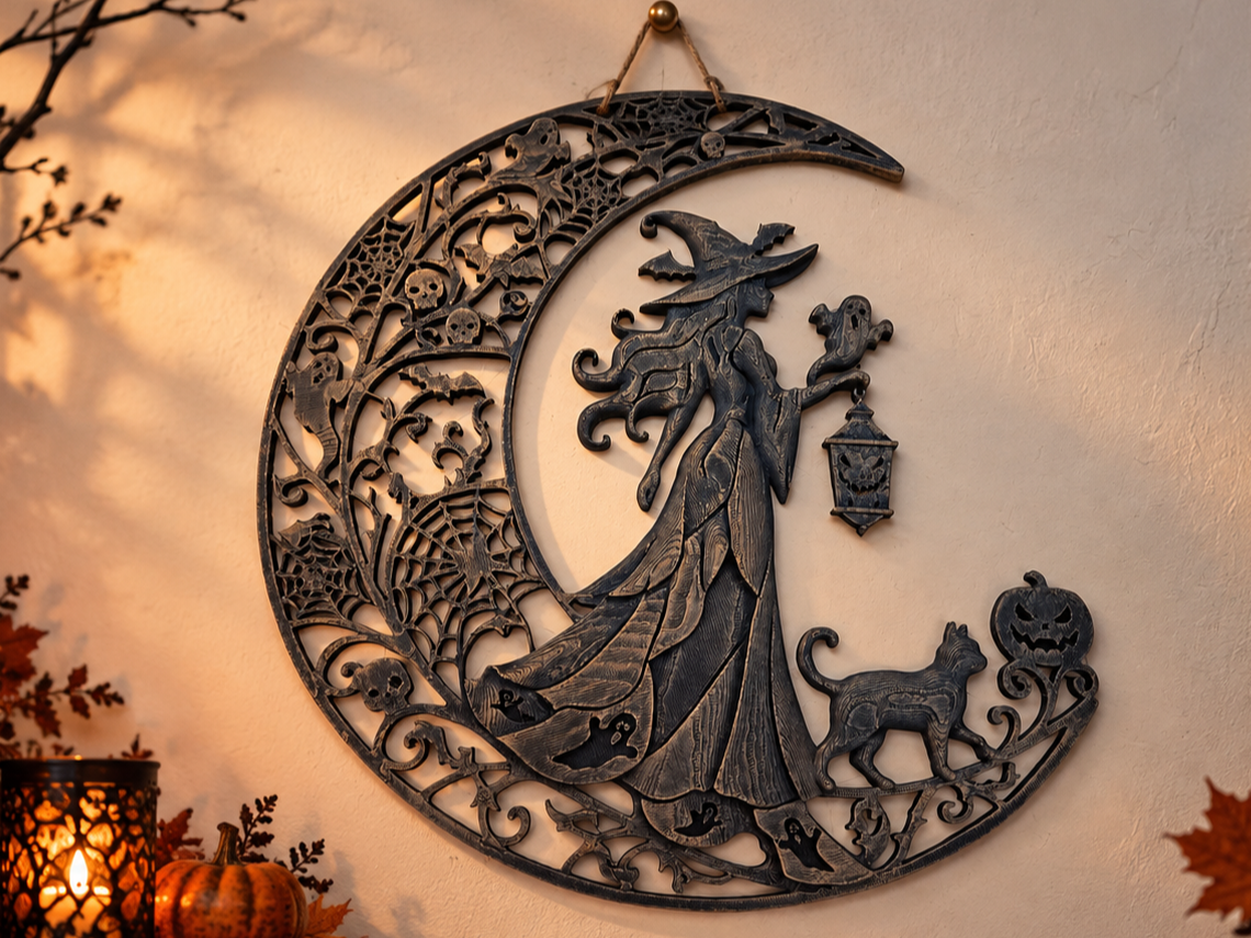 Hexe im Mond – Witchy Halloween Wanddeko - 1