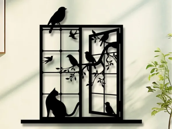 Décor mural chat à la fenêtre et oiseaux