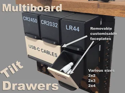 Tilt drawers for multiboard with custom faceplate