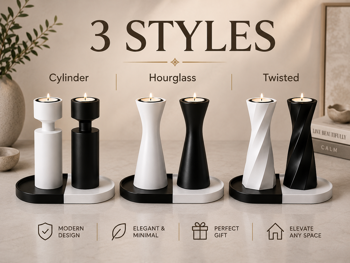 Modern Candle Holder Set 3 Styles Two Tone Tray