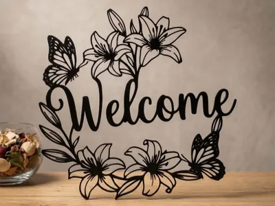 Floral "Welcome" Sign with Butterflies Wall Decor