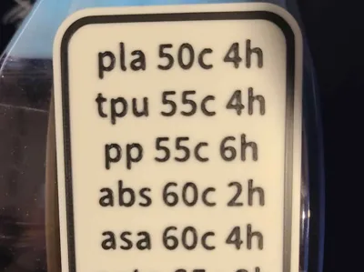 Temps and times for Creality Filament Dryer Box 
