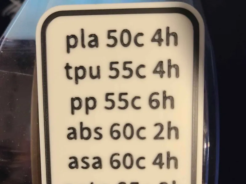Temps and times for Creality Filament Dryer Box 