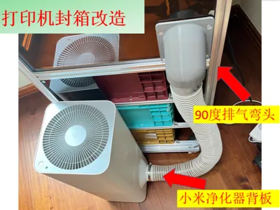 Printer enclosure modified into Xiaomi air purifier, Xiaomi backplate + 90-degree elbow connector for exhaust purification