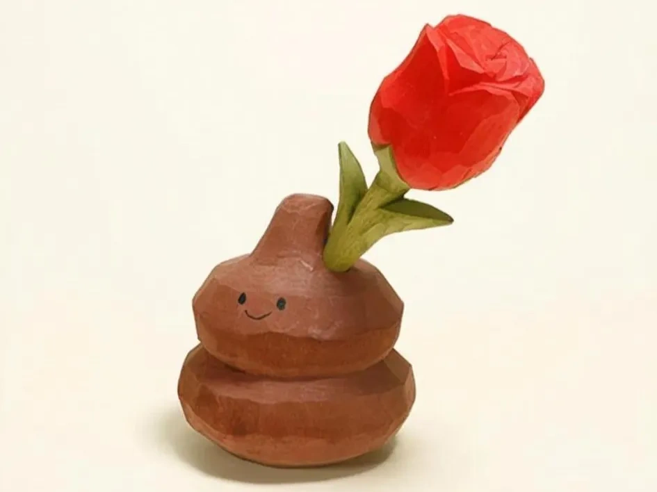 仿木雕【鲜花插牛粪！粪（奋）斗】玫瑰花桌面摆件情人节搞怪礼物送女友装饰