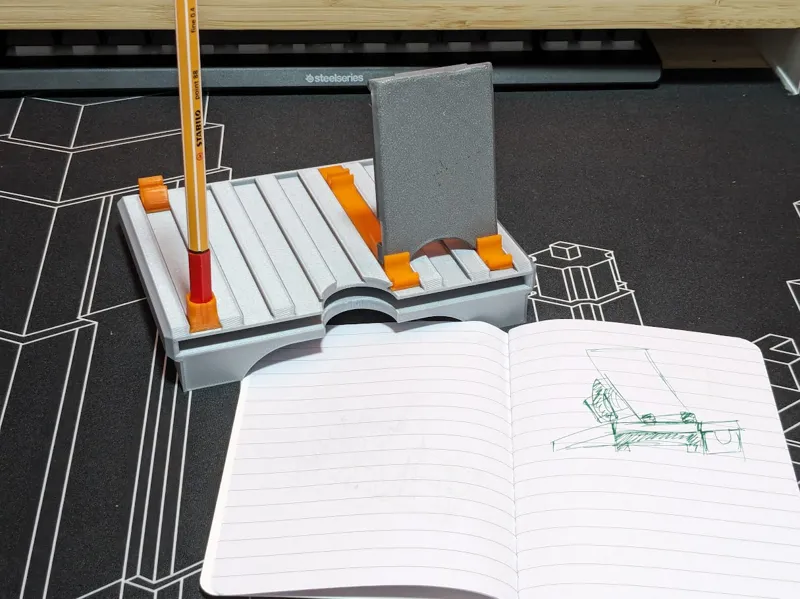 Portable Phone stand with pen holder and A6 notebook, desk organiser; perfect for hotdesking