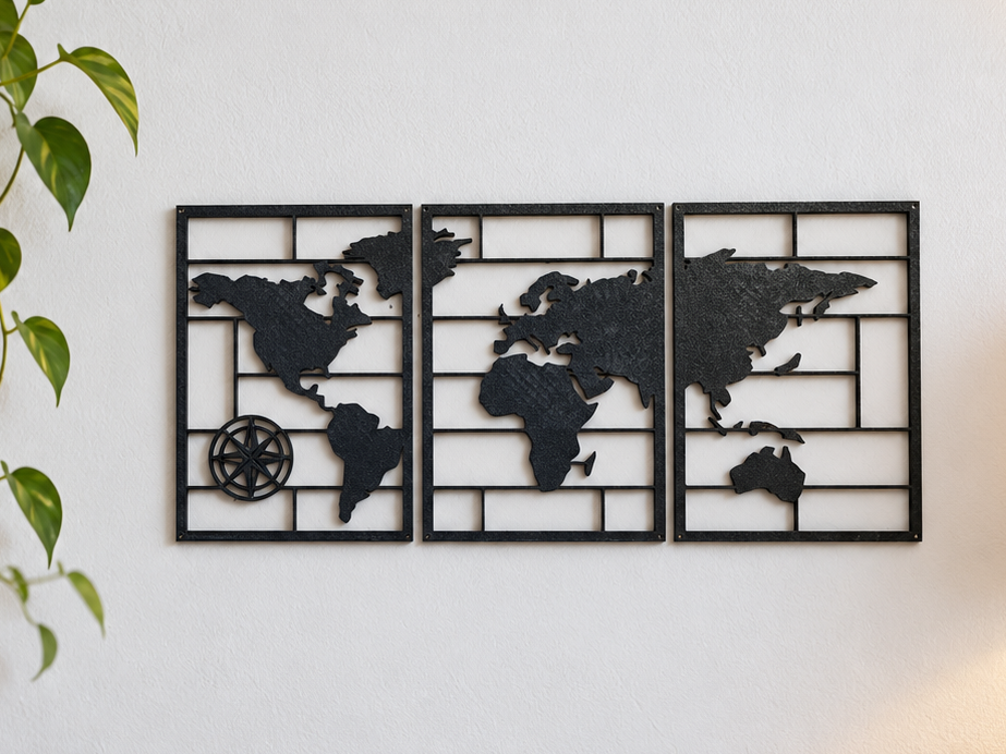 World Map Wall Art – 3 Panel Set 3D model