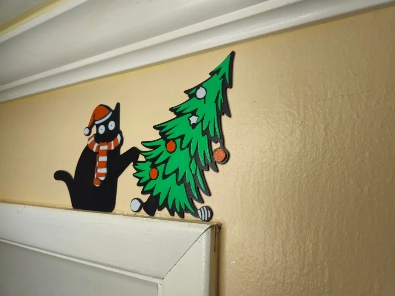 Black Cat vs Christmas Tree Door Corner Topper view 2