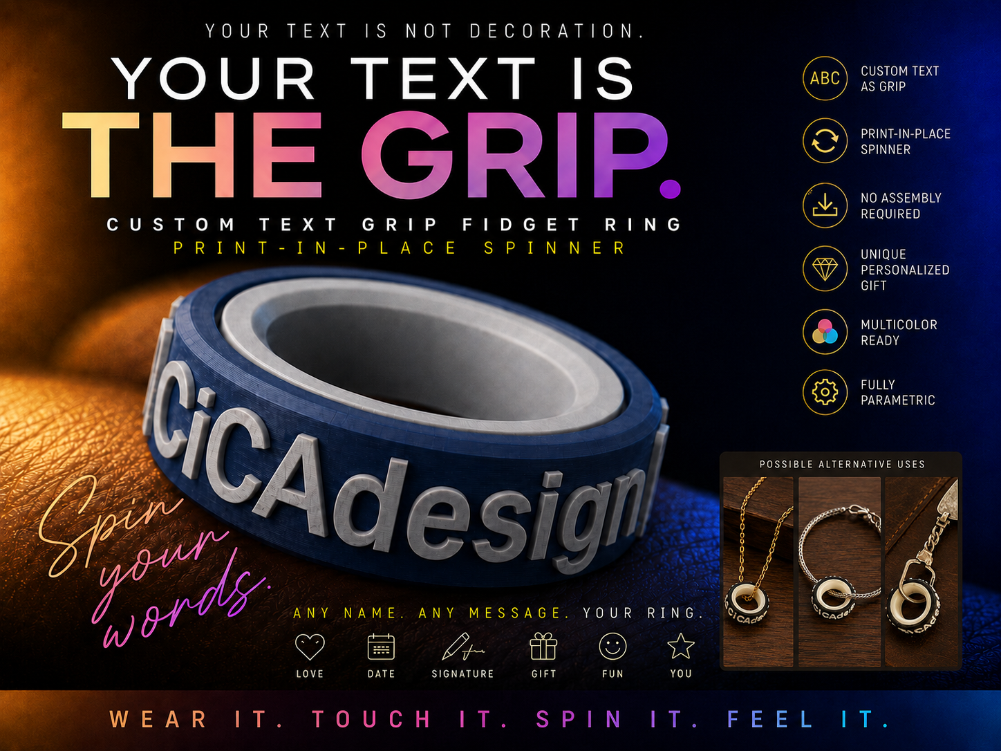 Spin Your Words - 1st Custom Text Grip Fidget Ring