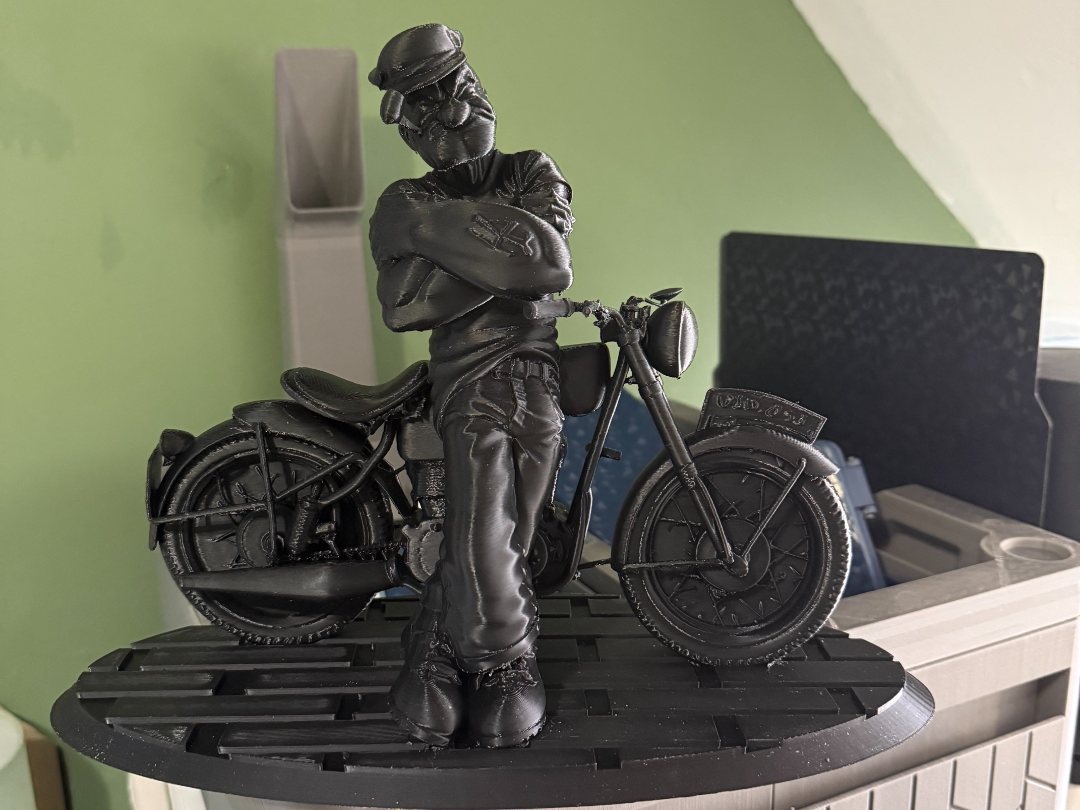 popeye leaning up against his bike 
