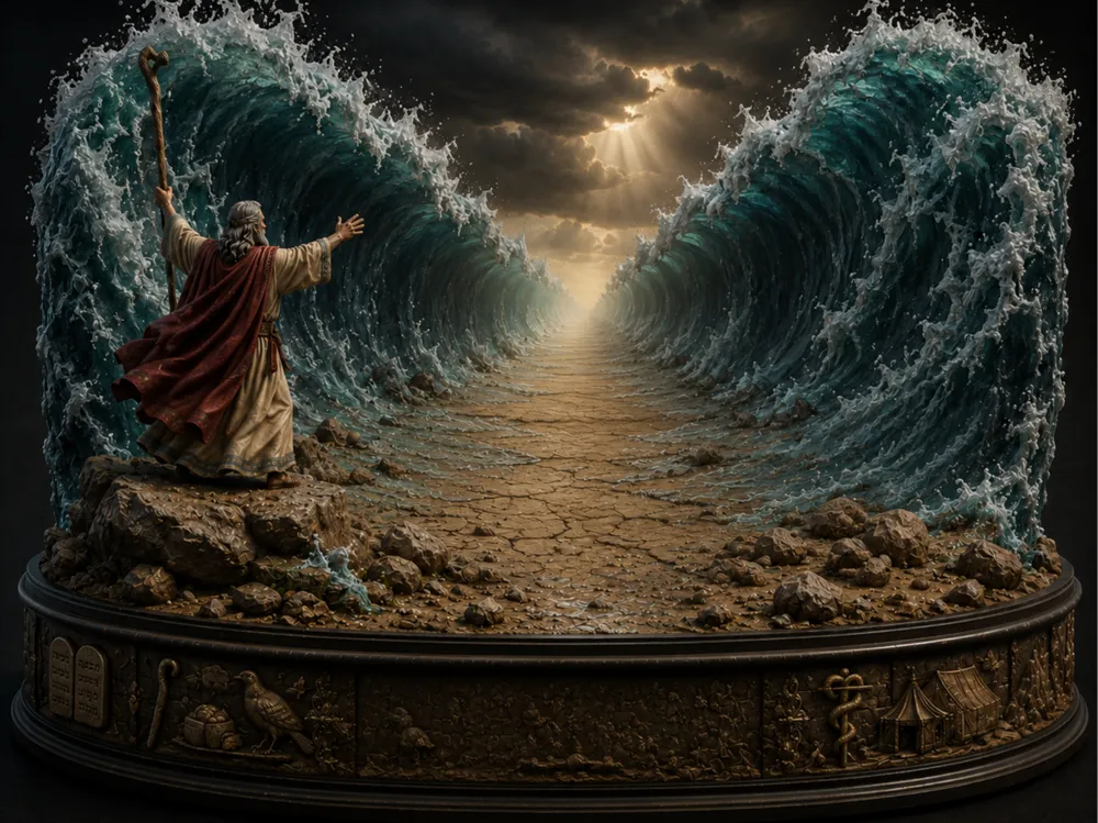 Escenografía en miniatura: Moses Parting the Red Sea– Biblical Diorama. Referencia del modelo original.