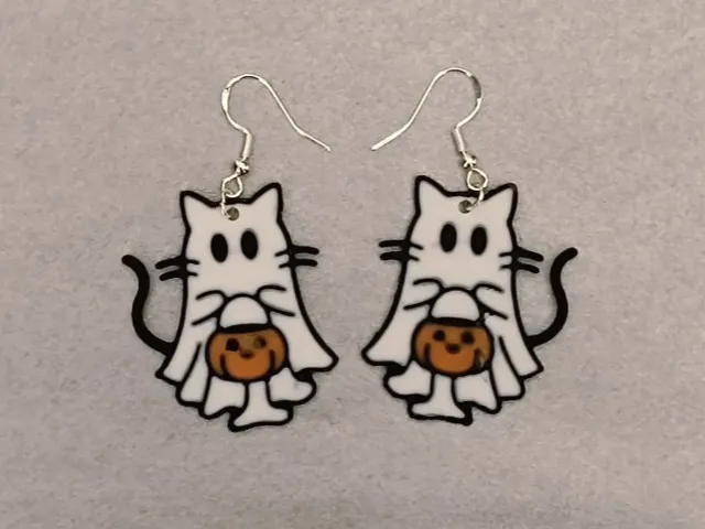 Ghost Cat Pumpkin Earrings (Halloween)
