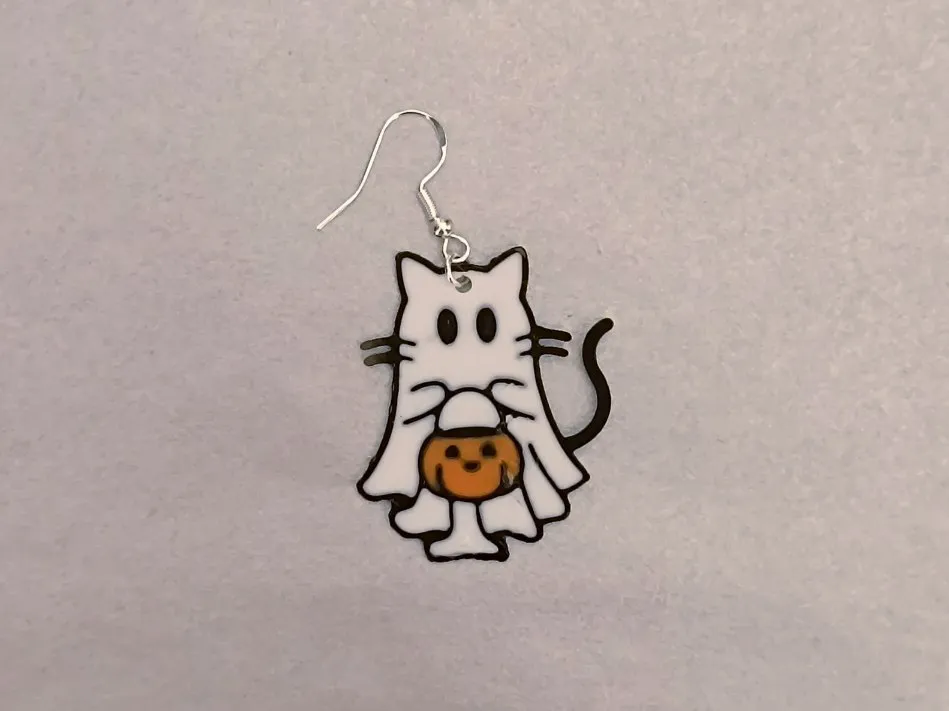Ghost Cat Pumpkin Earrings (Halloween) view 3