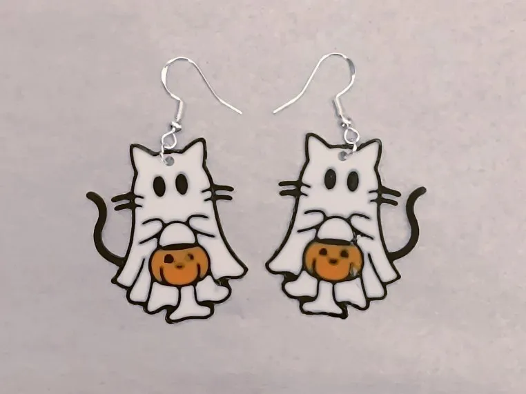 Ghost Cat Pumpkin Earrings (Halloween) view 4