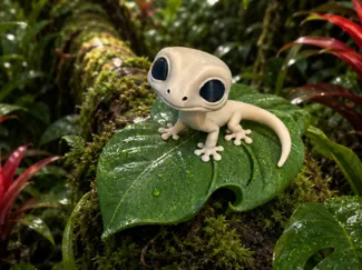 Chibi Stylized Gecko on a Leaf