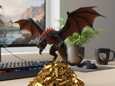 Aggressive Dragon on a mountain of gold Lowpoly