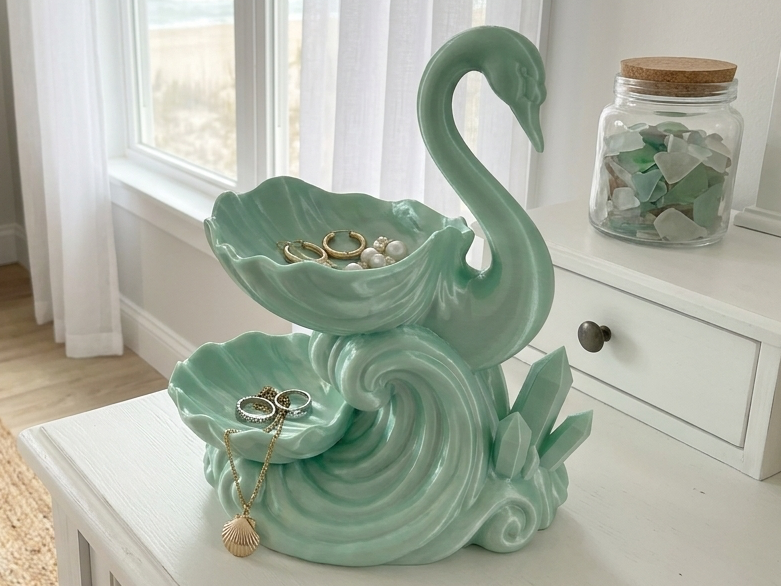 Coastal Swan Shell Tiered Jewelry Tray Organizer