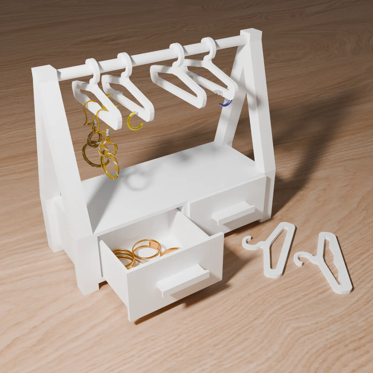 Jewelry stand with drawers for storage and hangers view 2