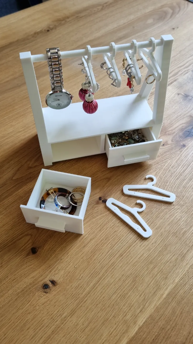 Jewelry stand with drawers for storage and hangers view 3
