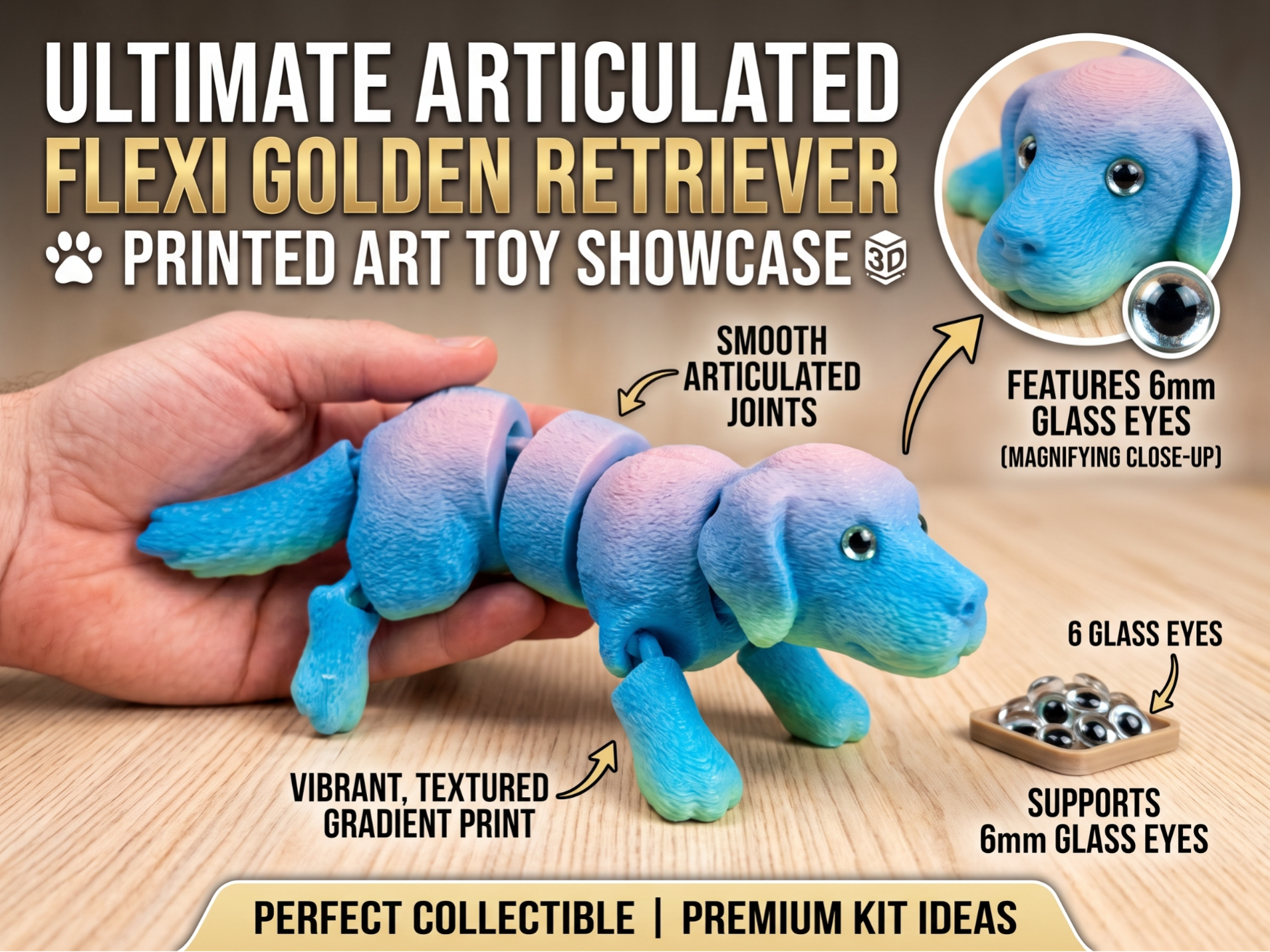 Articulated Flexi Golden Retriever 6mm Glass Eyes - 1
