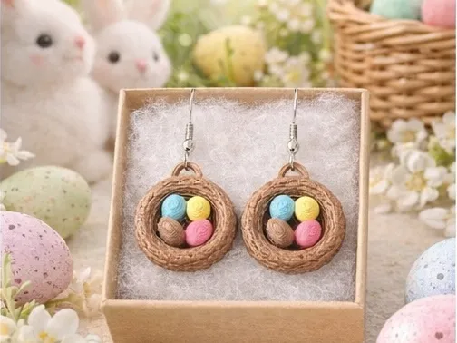 Spring Easter Nest Earrings with Colorful Eggs