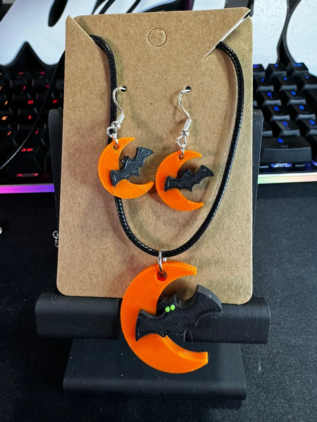 Moon and Bat Halloween Earrings and Necklace view 2