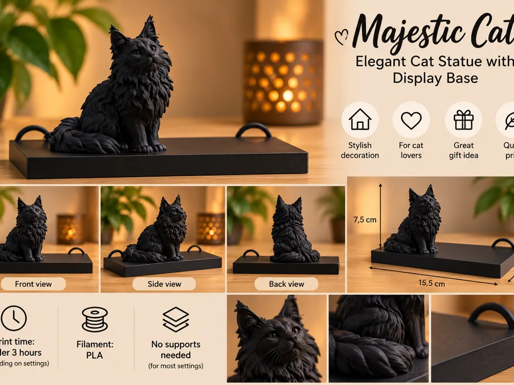 Cat One Photo Main Coone Cat Statue with Display Base - Free 3D Print Model - MakerWorld