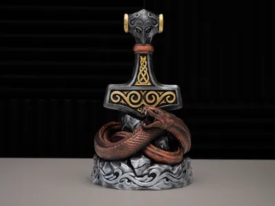 Snake & Hammer Statue – Norse Viking Sculpture