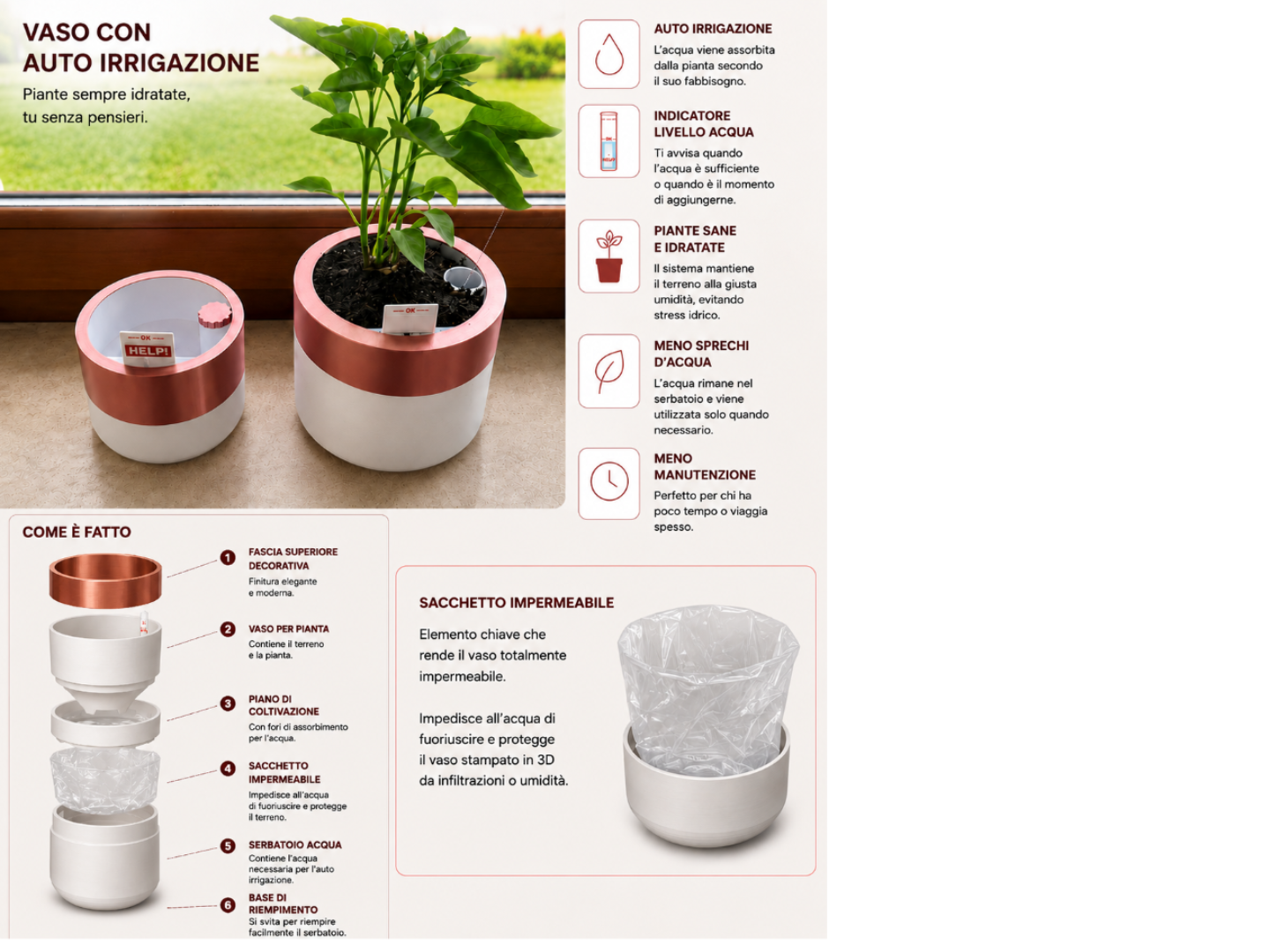 Vaso Autoirrigante Impermeabile, Self Watering Pot