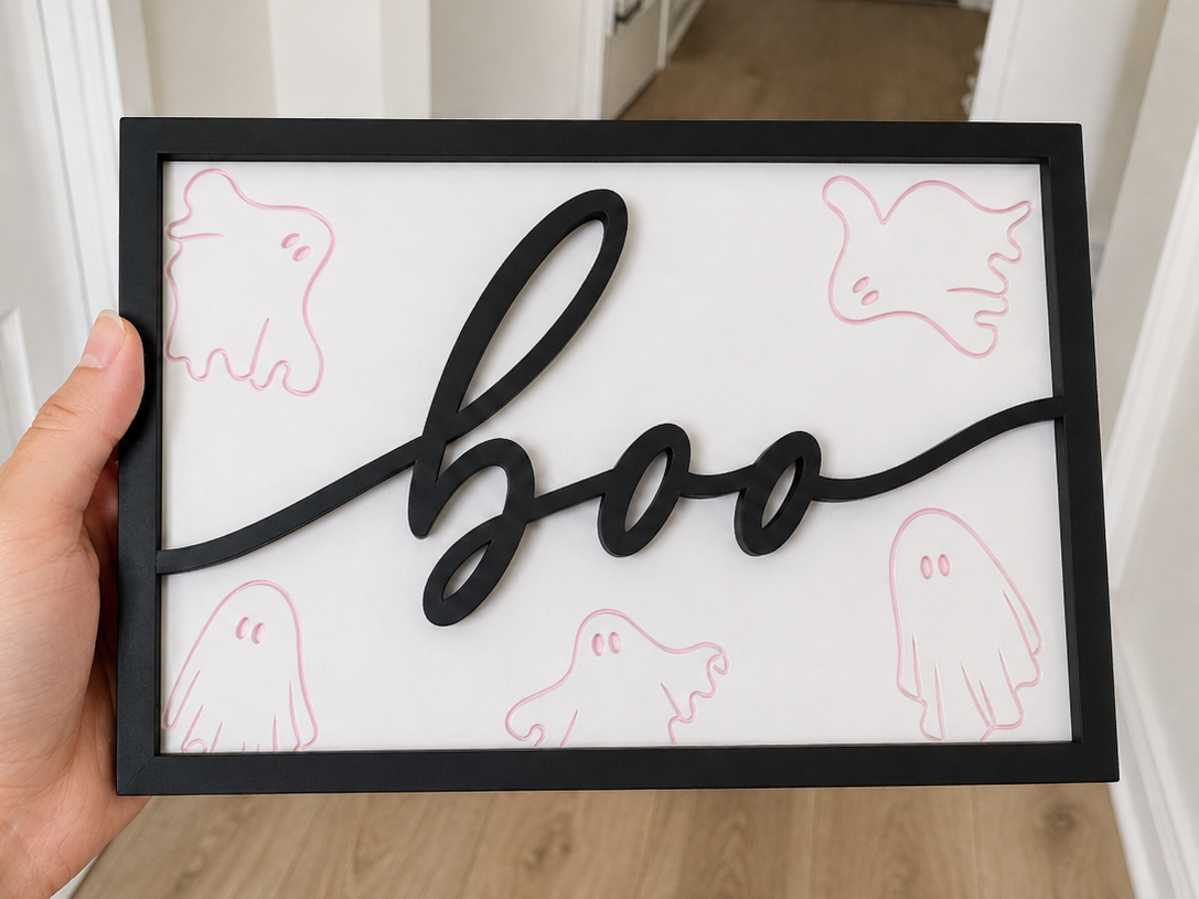 Cute Boo Sign with Engraved Ghosts - Halloween - 1