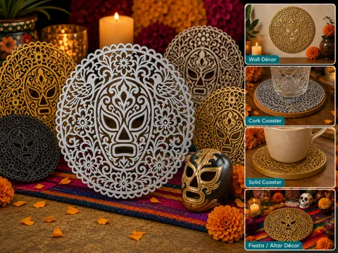 Letrero o emblema decorativo: Dia de Muertos Mexican Wrestler Coaster Decoration — referencia de MakerWorld
