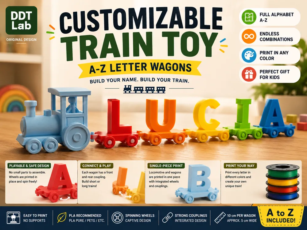Modelo para impresión 3D: Customizable Train Toy | A-Z Letter Wagons. Referencia del modelo original.