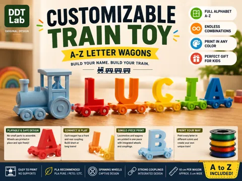 Modelo para impresión 3D: Customizable Train Toy | A-Z Letter Wagons — referencia de MakerWorld