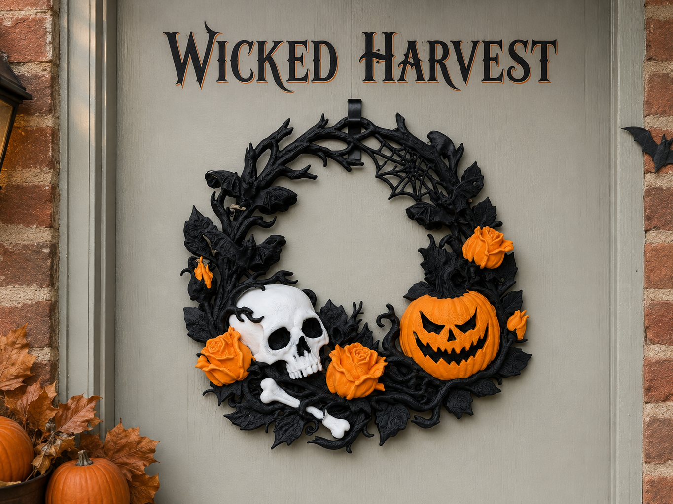 Wicked Harvest – Skull & Pumpkin Halloween Wreath - 1