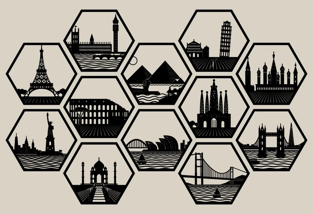 World Landmarks Hexagon Wall Art - Free 3D Print Model - MakerWorld