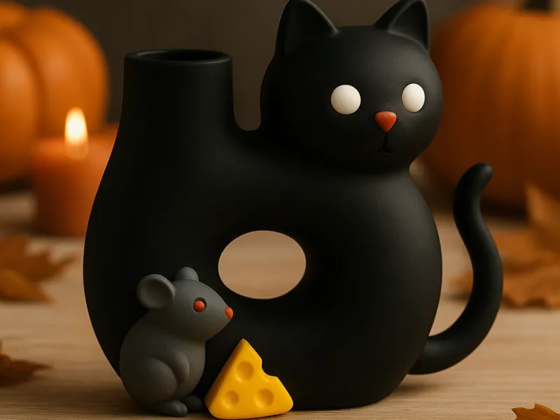 Spooky Vase Cat Mouse and Cheese Halloween