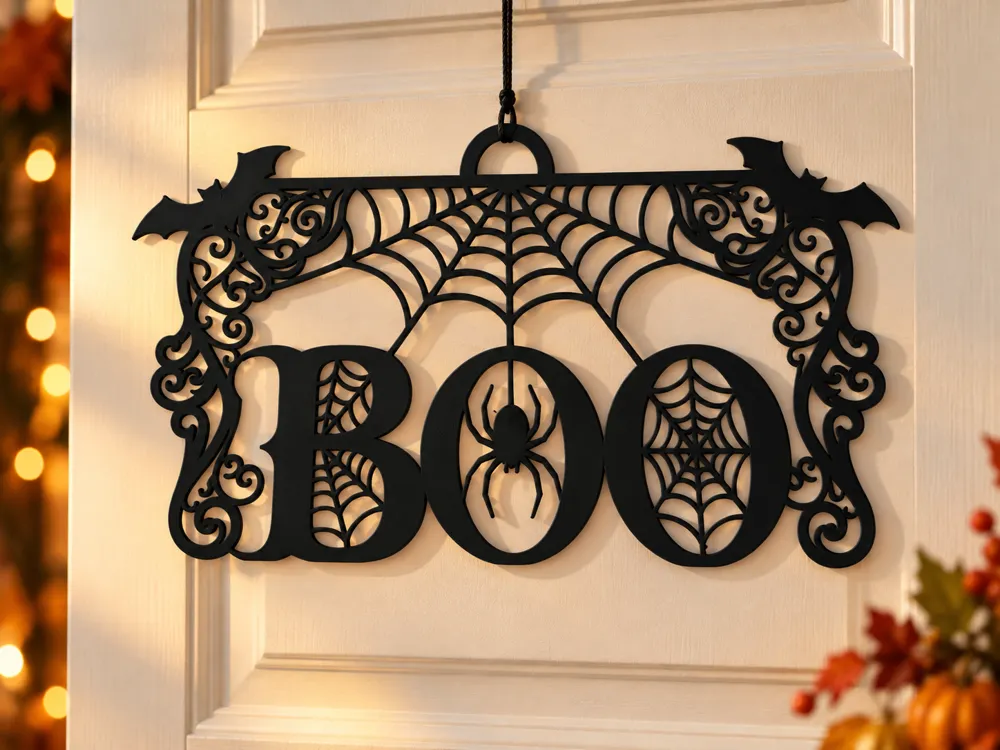 BOO – Spiderweb & Bats Halloween Hanging Sign - Free 3D Print Model ...