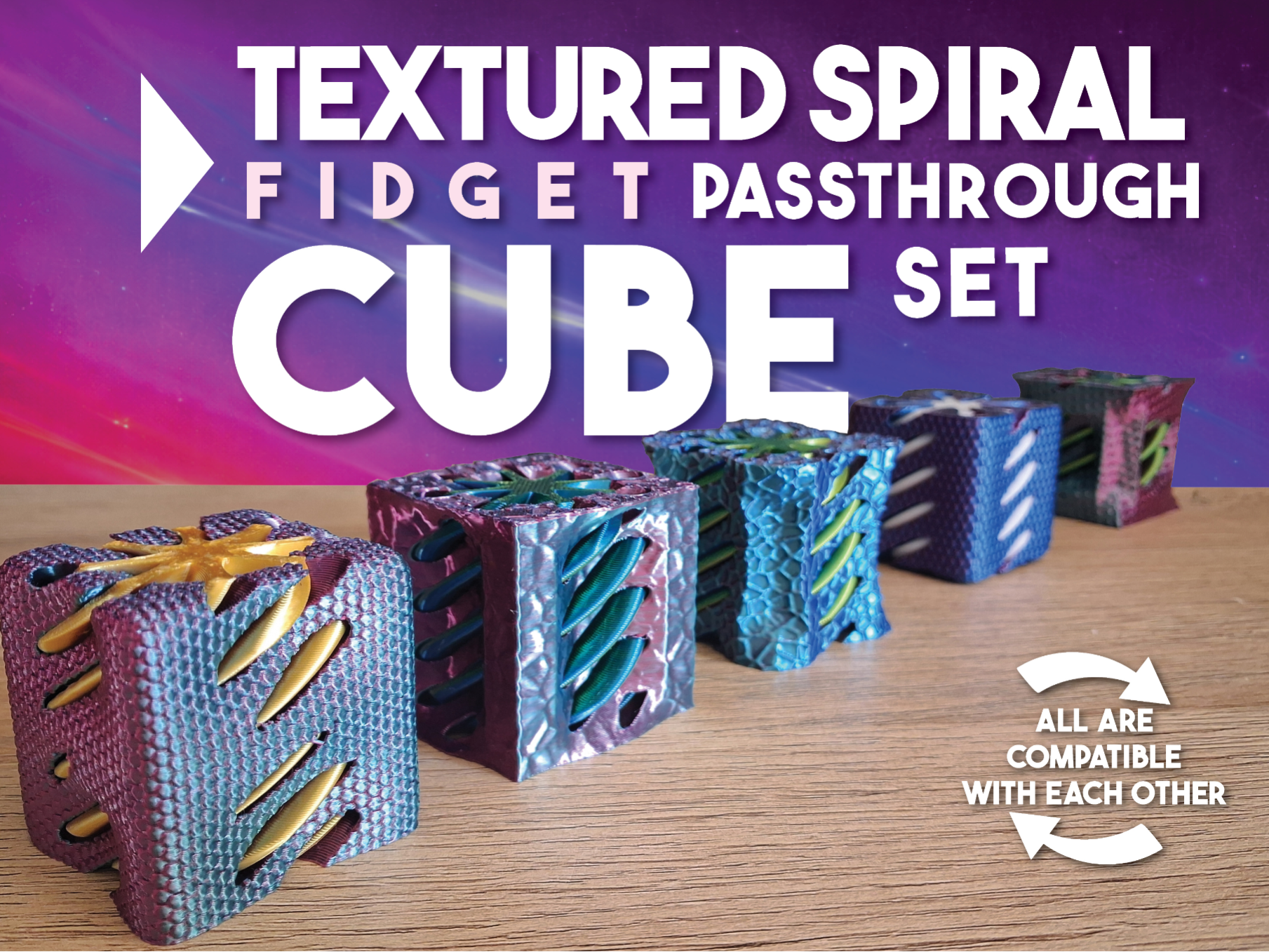 Textured SPIRAL Passthrough CUBE Fidget SET